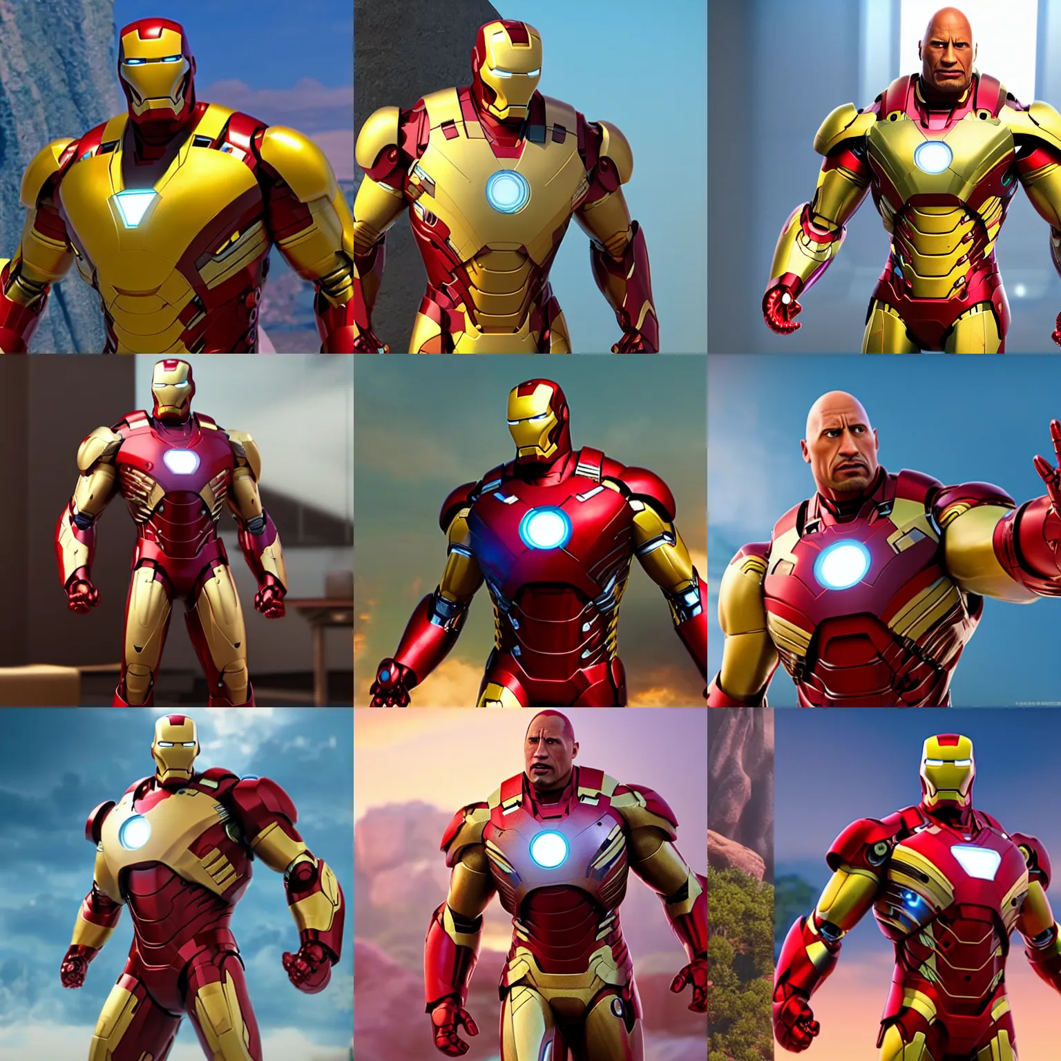 Prompt: dwayne johnson wearing iron man suit as a pixar disney character from up ( 2 0 0 9 ), unreal engine, octane render, 3 d render, photorealistic