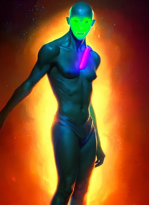 Image similar to a male faceless glowing liquefied stardust adventurer, dnd fantasy character, full body portrait, glowing neon skin, magical aura, ultra realistic, intricate, elegant, highly detailed, digital painting, artstation, smooth, sharp, focus, illustration, art by artgerm and greg rutkowski and alphonse mucha