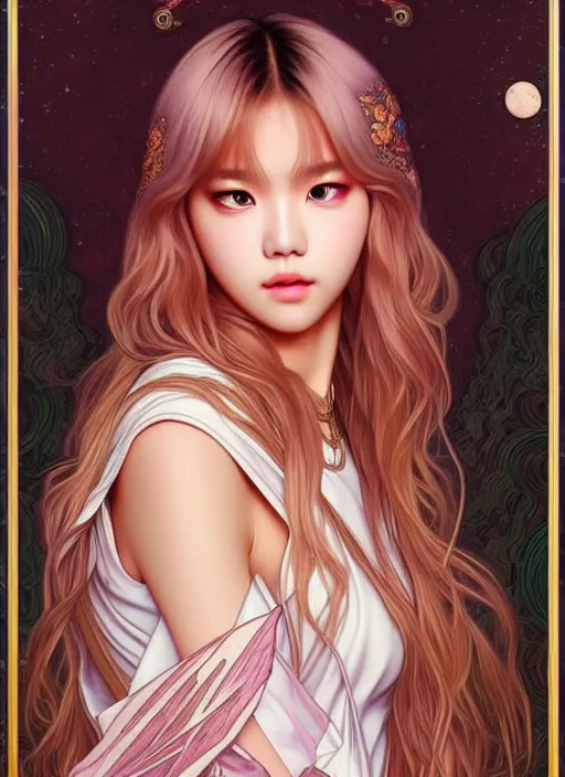 Image similar to lalisa manoban of blackpink, goddess of the moon, tarot card, highly detailed, digital painting, smooth, sharp focus, illustration, ultra realistic, 8 k, art by artgerm and alphonse mucha