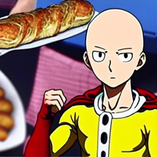 Image similar to saitama one punch man cooking french baguette, bakery