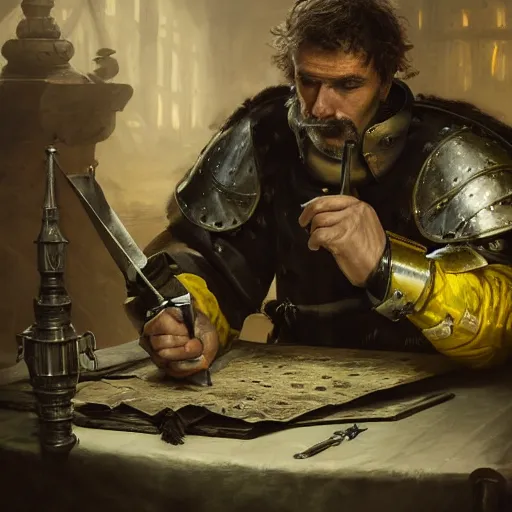 Prompt: Closeup of frustrated and acerbic male medieval sergeant with stubble wearing a {black and yellow tabard} over a steel breastplate and a black gambeson looking at a map on a table, intricate, dramatic lighting illustration by Greg Rutkowski, {perfect face}, {perfect eyes}, fantasy