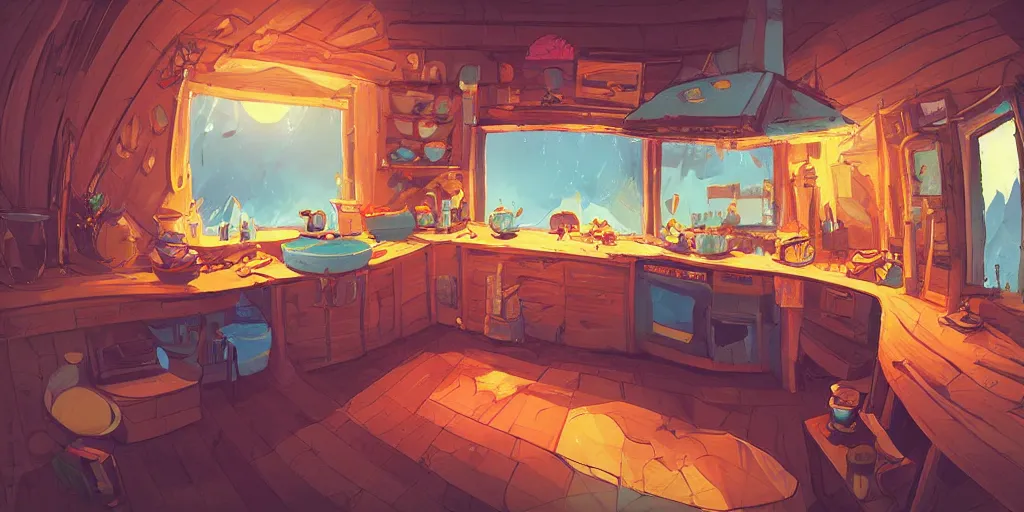 Image similar to epic illustration fisheye lens of a wooden kitchen dim lit by 1 candle in a scenic environment by Anton Fadeev and Steve Purcel and Peter Chan