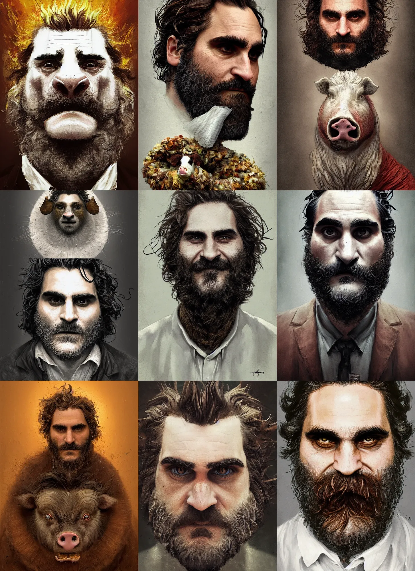 Prompt: a hyper detailed full face portrait of joaquin phoenix as the king of animals, cow, pig, sheep, chicken, horror, by anna podedworna, by miklos ligeti, by diego maricato, by taran fiddler, on artstation