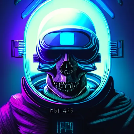 Image similar to A cyberpunk space pirate warping time and space, wearing menacing skull space helmet, trading illegal goods, protomolecule, magic mushrooms, psilocybin, LSD, skull full face helmet, space helmet, futuristic, blade runner, detailed, intricate, elegant, highly detailed, digital painting, artstation, concept art, smooth, sharp focus, akira style illustration, art by Krenz Cushart and Artem Demura and Alphonse Mucha