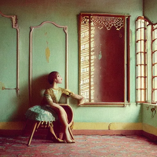 Image similar to a young ivory and golden filigree girl in an soviet liminal abandoned room, film still by wes anderson, depicted by balthus, limited color palette, very intricate, art nouveau, highly detailed, lights by hopper, soft pastel colors