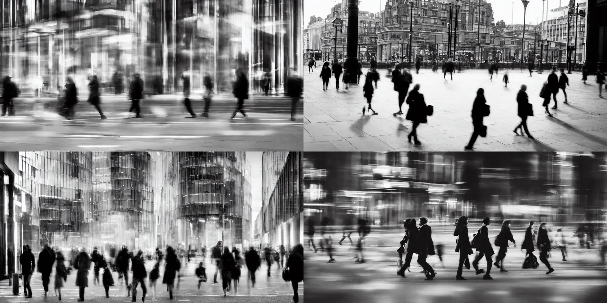 Prompt: multiple people walking in the city by richard avedon. london city center. street photography. black and white. ilford delta. long exposure, motion blur.