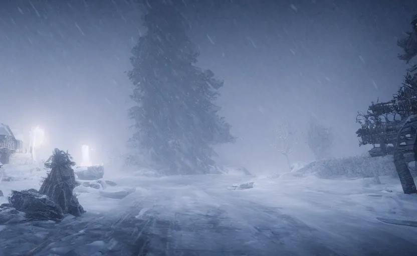 Image similar to winterfall in the snowstorm, doomy, Unreal Engine, cinematic photography, highly-detailed, games of thrones, HBO, high resolution, 8k, photorealistic, stunning volumetric lighting