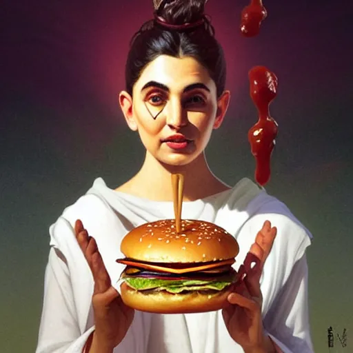 Prompt: portrait of Gandhi eating big mac hamburgers, extra onions and ketchup, luscious patty with sesame seeds, ethereal, handsome, D&D, fantasy, intricate, elegant, highly detailed, digital painting, artstation, concept art, matte, sharp focus, illustration, art by Artgerm and Greg Rutkowski and Alphonse Mucha