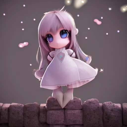 Prompt: cute fumo plush of a girl from the top of a large tower, long hair, princess, outline glow, particle simulation, vray