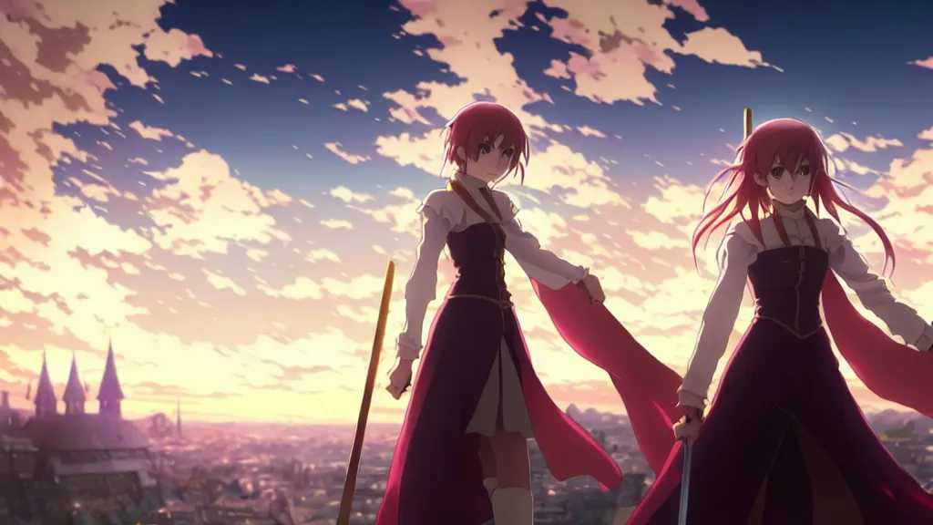 Image similar to emma watson in heavens feel movie, demon slayer, ufotable, kyoani, high quality, key visual, cinematic, city background, night time, rooftop, fate stay night, unlimited blade works, greg rutkowski, high resolution, dynamic pose, extreme close up, rin outfit, anime, high angle, high budget