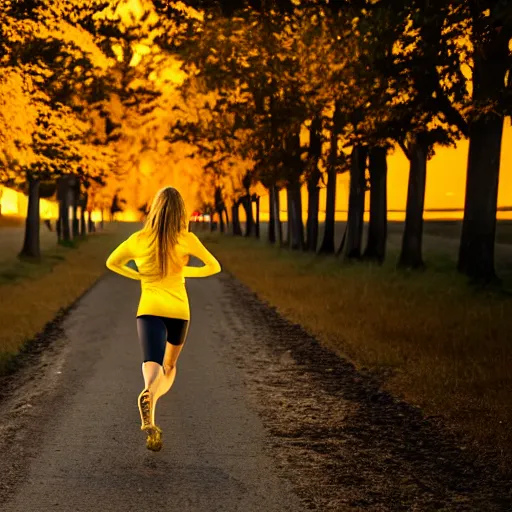 Image similar to a woman running at night in a yellow dress in the center of the frame sideways, dark hair, a barn, bushes and trees in the background, realistic photo, 4K, 35 mm