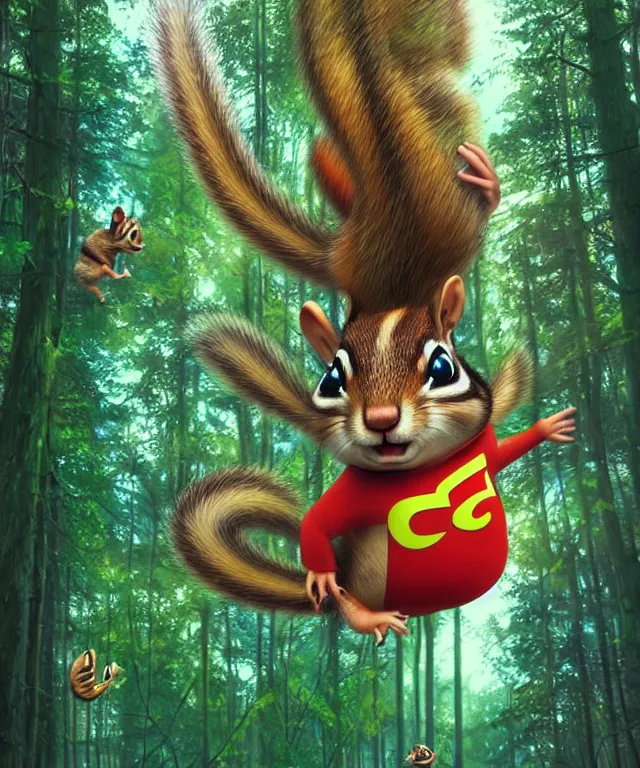 Image similar to a single realistic chipmunk, flying in a psychedelic forest, wide angle landscape shot, pixar style by tristan eaton, artgerm and tom bagshaw