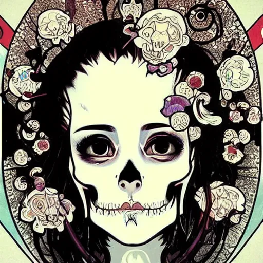 Prompt: anime manga skull portrait woman comic skeleton illustration style by Alphonse Mucha and Gustav Klimt pop art