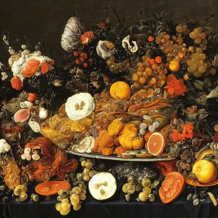 Image similar to victorian thanksgiving feast, fruit and vegetables, black background, vanitas, still life by giuseppe arcimboldo and pieter claesz, a flemish baroque by jan davidsz. de heem and jan van kessel the younger, dutch golden age, pinterest, rococo, hd, intricate high detail masterpiece