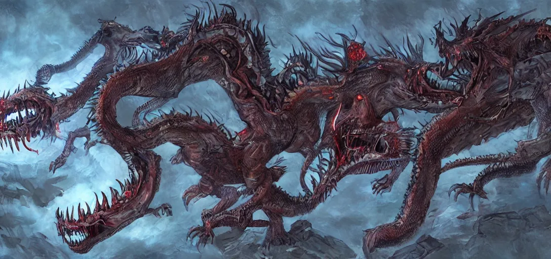 Image similar to concept art of dragon attack, lovecraftian, lots of teeth, melting horror, feathers, fighting the horrors of the unknown with laser guns