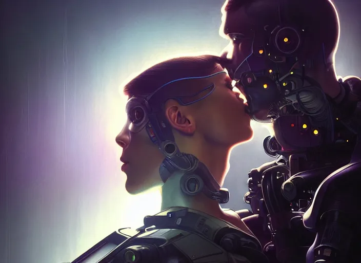 Prompt: ultra realistic medium shot of a couple of cyborgs kissing, lovers, cyberpunk, sci - fi, kodak, faces, colour led, soft light, volumetric lighting, fog, rays, night, station, intricate detailed, digital painting, concept art, smooth, sharp focus, illustration, art by artgerm and greg rutkowski and alphonse mucha