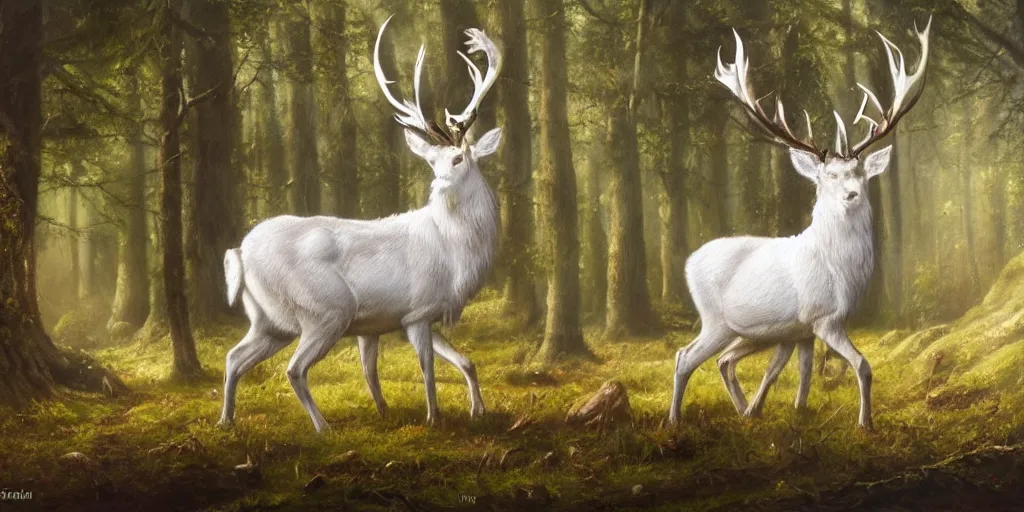 Image similar to an oil painting of the king of the forest: a white stag, beautiful, fantasy, hyper realistic, dramatic lighting, 8k,