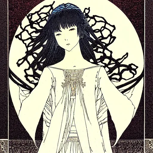 Prompt: prompt: Fragile looking vessel portrait soft light drawn by Takato Yamamoto, inspired by Fables, ancient crown, magical and alchemical weapons, soft light, white background, intricate detail, intricate ink painting detail, sharp high detail, manga and anime 2000