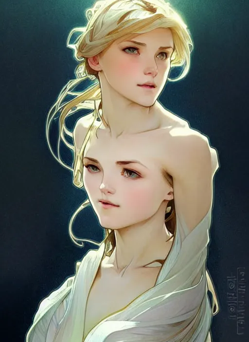 Image similar to digital character concept art by artgerm and greg rutkowski and alphonse mucha. clear portrait of a young wife blessed by god to uncontrollably become overwhelmingly perfect!! blonde, casually clothed! obviously feminine holy body!! light effect. hyper detailed, glowing lights!! intricate, elegant, digital painting, artstation, smooth, sharp focus