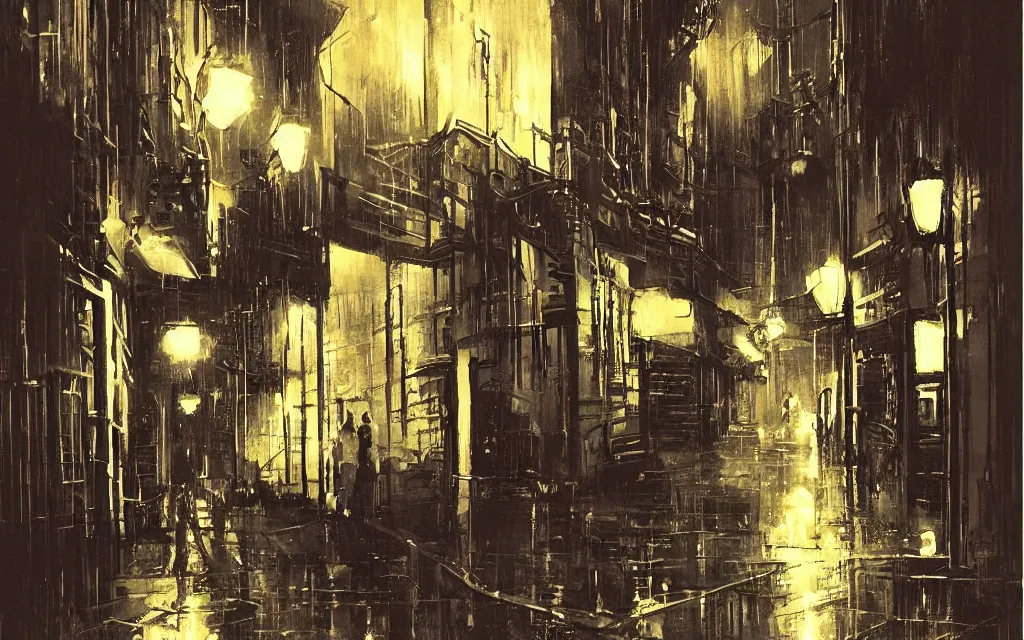 Image similar to !dream concept art, dark wet london alley at night, by ashley wood, by roger deakins, in the style of syd mead atmospheric