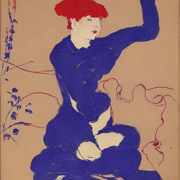 Image similar to blonde woman with scorpion. violet, cobalt blue, cherry red. henri de toulouse - lautrec, utamaro, matisse