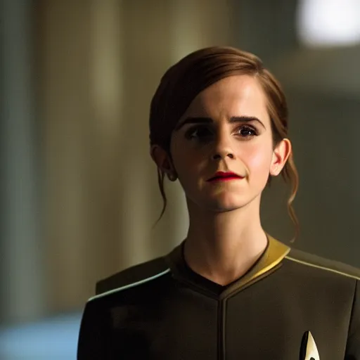 Image similar to Emma Watson in Star Trek, XF IQ4, f/1.4, ISO 200, 1/160s, 8K, RAW, Dolby Vision, symmetrical balance, in-frame