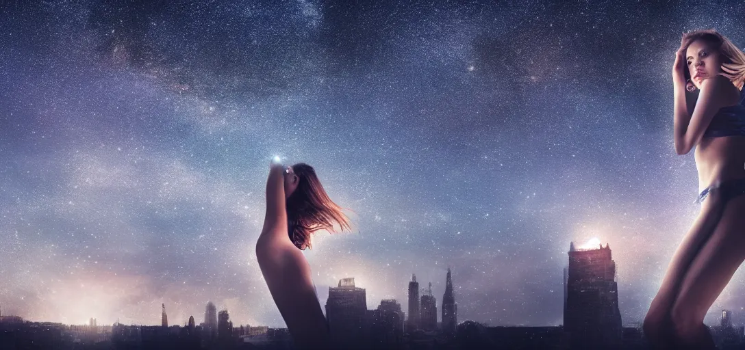 Prompt: star sky , night sky, cinematic,sky strewn with stars, a beautiful girl lying on the roof high detail, photorealism, sharp focus, star sharpness, different angles, 4k, UHDR