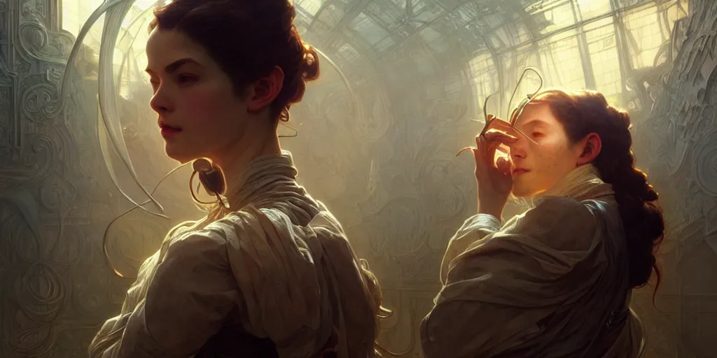 Image similar to sneaking portrait of a time - traveler, folding - space, ultra - realistic, concept art, intricate details, eerie!, highly detailed, photorealistic, octane render, 8 k, unreal engine. art by artgerm and greg rutkowski and alphonse mucha