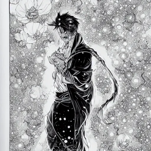 Prompt: black and white pen and ink!!!!!!! Yoshitaka Amano designed Ryan Gosling wearing cosmic space robes made of stars final form flowing royal hair golden!!!! Vagabond!!!!!!!! floating magic swordsman!!!! glides through a beautiful!!!!!!! Camellia flower battlefield dramatic esoteric!!!!!! Long hair flowing dancing illustrated in high detail!!!!!!!! by Moebius and Hiroya Oku!!!!!!!!! graphic novel published on 2049 award winning!!!! full body portrait!!!!! action exposition manga panel black and white Shonen Jump issue by David Lynch eraserhead and beautiful line art Hirohiko Araki!! Rossetti, Millais, Mucha, Jojo's Bizzare Adventure