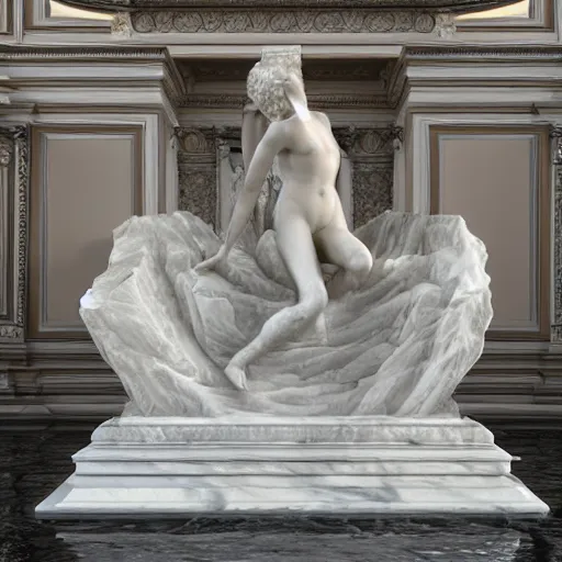 Image similar to italian masterpiece, delicate renaissance marble sculpture covered with water veil, highly detailed transparent marble cloth, gi, global illumination, physically based rendering, photorealistic, top light, dark background