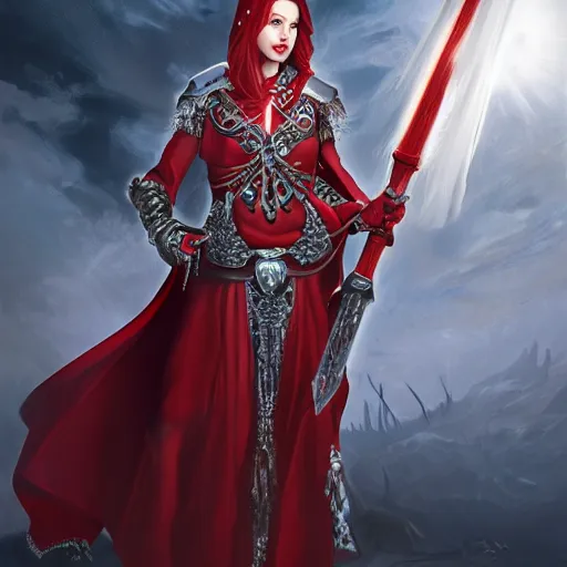 Image similar to a beautiful woman in a crimson cloak holding a glowing white spear and an obsidian shield, silver intricate armor, spotlight, ornate, realistic, fantasy art
