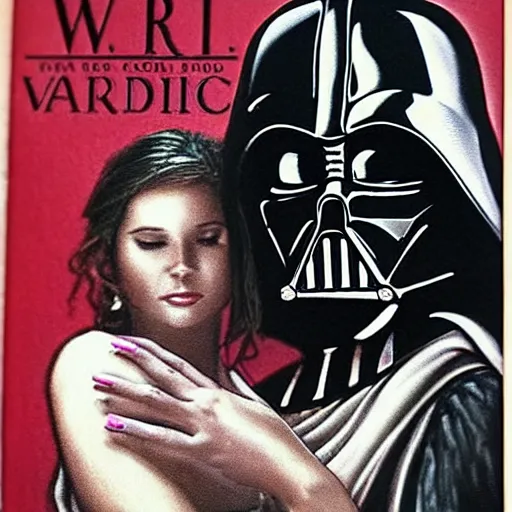 Image similar to a romance novel cover from 1 9 8 3, paperback, drawing, darth vader, yoda on the cover, romantic