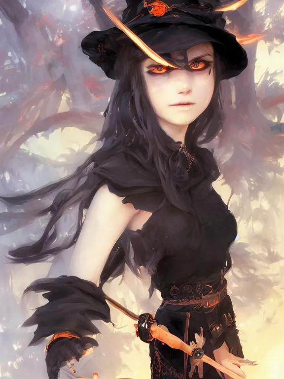 Prompt: Full shot of a cute mischievous young witch about to get up to some trouble. Latin inspired fashion. Black and Orange palette. By Ruan Jia and Artgerm and Range Murata and WLOP and CLAMP. Key Art. Fantasy Illustration. award winning, Artstation, intricate details, realistic, Hyperdetailed, 8k resolution.