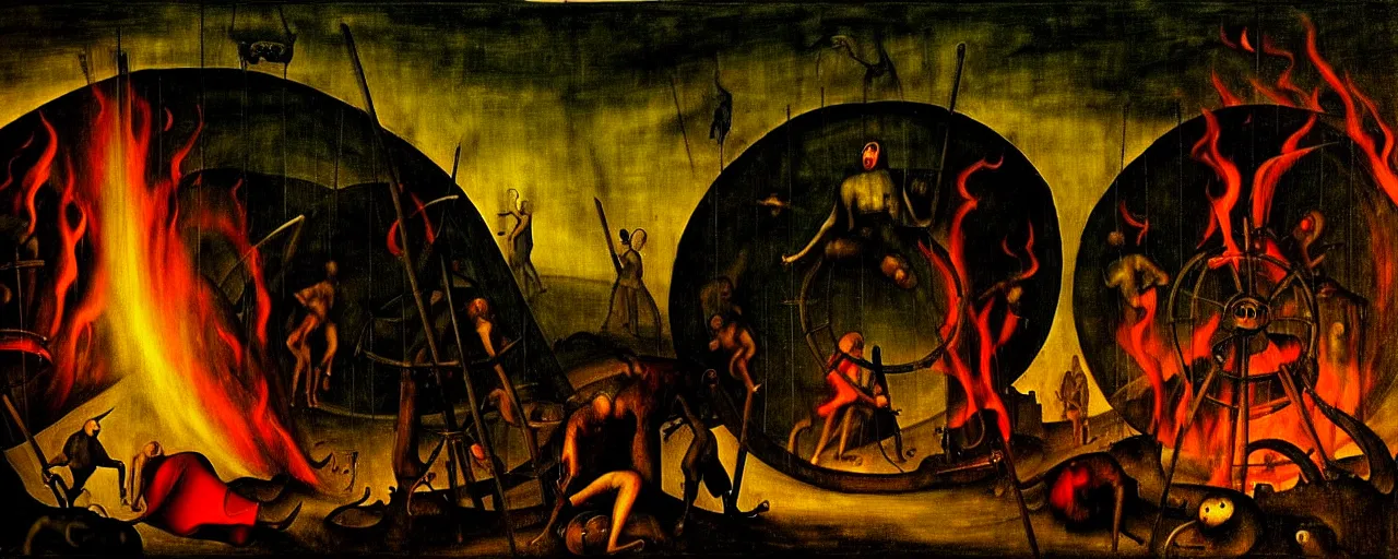 Image similar to trapped on a hedonic treadmill, dark uncanny surreal painting by bosch, dramatic lighting from fire glow, mouth of hell, ixions wheel