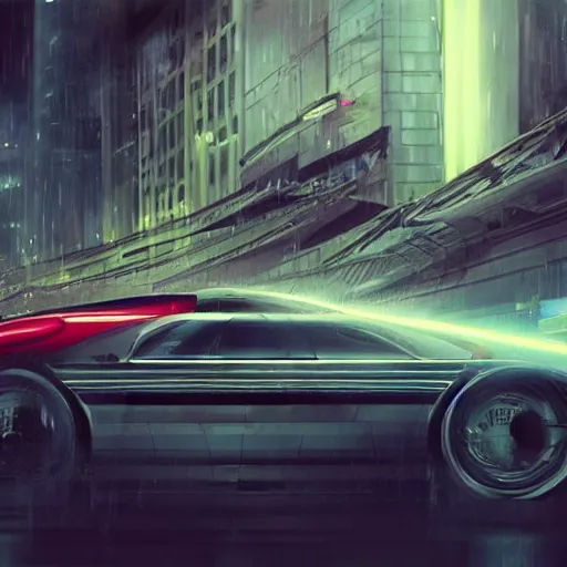 Prompt: a hover car high speed chase down a brutalism looking city, dim neon lights, lens flare, scale, night life, heavy rain, deep focus, d & d, fantasy, intricate, elegant, highly detailed, digital painting, artstation, concept art, matte, sharp focus, illustration, art by artgerm and greg rutkowski and alphonse mucha