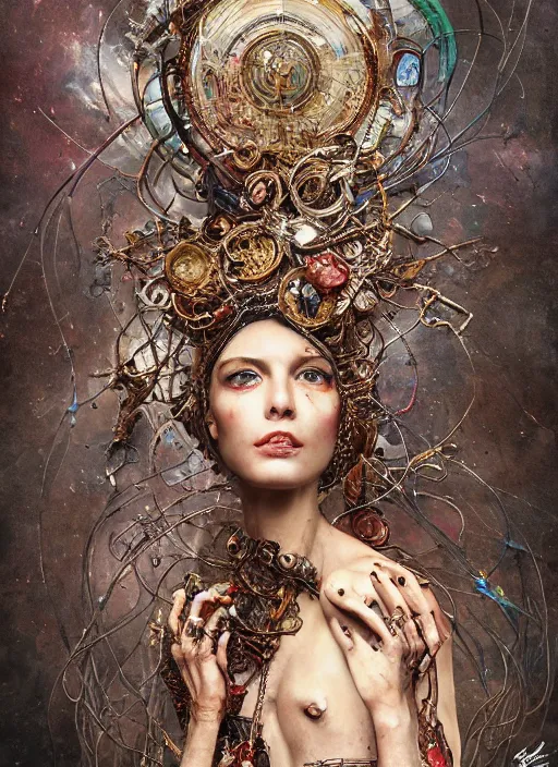 Image similar to expressive photo of sophia lauren, bumpy mottled skin full of blood and scars, ornate headpiece made from metals, cables and wires, hyper maximalist, elegant, body horror, by karol bak nd yoshitaka amano and greg rutkowski and jeremyg lipkinng and artgerm, photorealistic, fashion photography