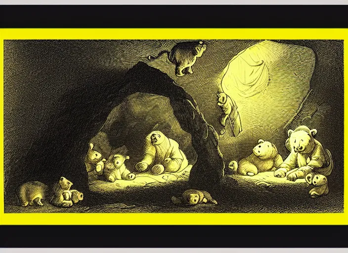 Image similar to Pieter Claesz's 'a bear and her cubs sleeping in a dark cave, lit by hole in roof', night time, cross hatching, framed, monochrome, yellow