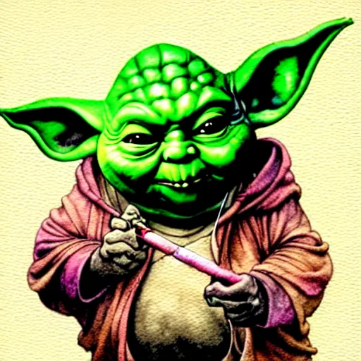 Image similar to a realistic and atmospheric watercolour fantasy character concept art portrait of a fat chibi yoda wearing a wife beater and jeans with pink eyes smiling and holding a blunt with a pot leaf nearby, by rebecca guay, michael kaluta, charles vess and jean moebius giraud