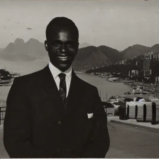 Image similar to vintage photo of a black man wearing a black suit in front of rio de janeiro