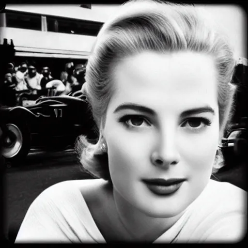 Image similar to selfie smartphone photo of a young Grace Kelly at the Monaco Gran Prix, F1 cars blurred in background, iphone photo, smartphone resolution, trending on instagram, influencer photography