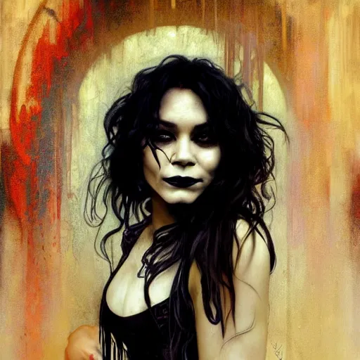 Image similar to beautiful portrait of vanessa hudgens as death from sandman, smiling, by cedric peyravernay, alphonse mucha, by jeremy mann, by lecouffe deharme, goth chic, soft lightning, eyeliner, punk rock, high detailed, 8 k