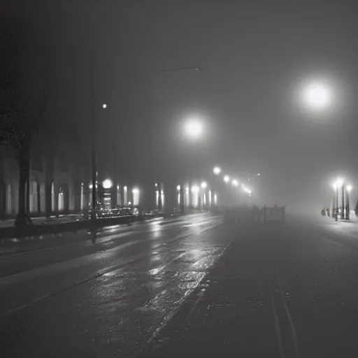 Prompt: berlin streets 1991 at night, mist, cars , eerie atmosphere