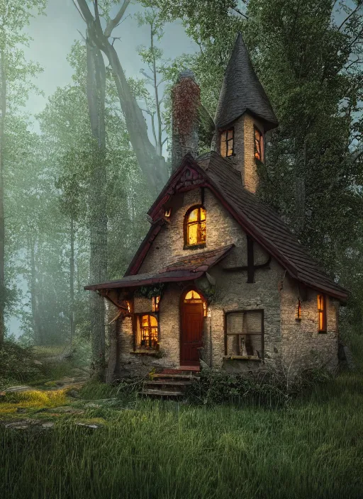 Image similar to hyper realistic homely witch cottage with random architectural styles, in the woods gorgeous lighting, highly detailed, lush forest architectural render, octane render, ue 5 raytraced