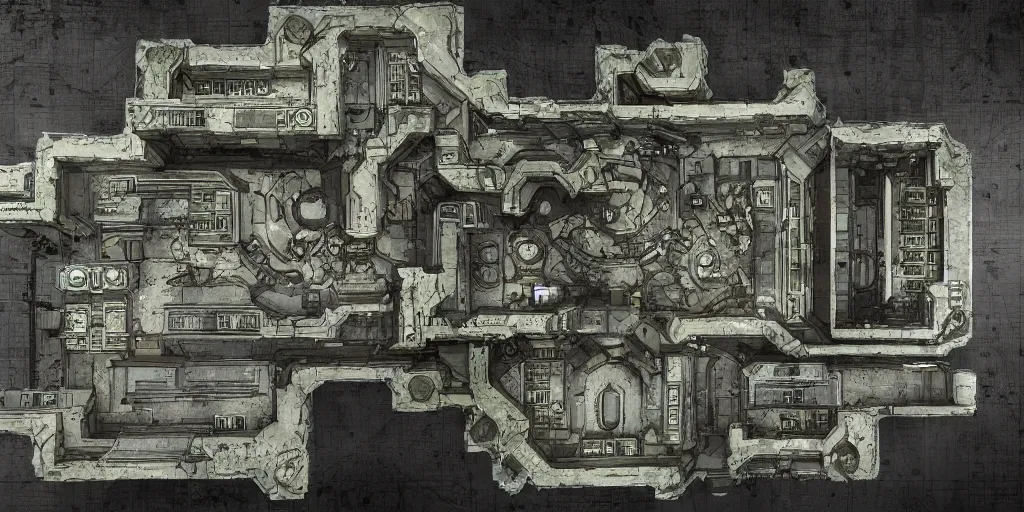 Image similar to architectural floor plan gears of war map meets call of duty map, symmetrical outpost, alien artifact