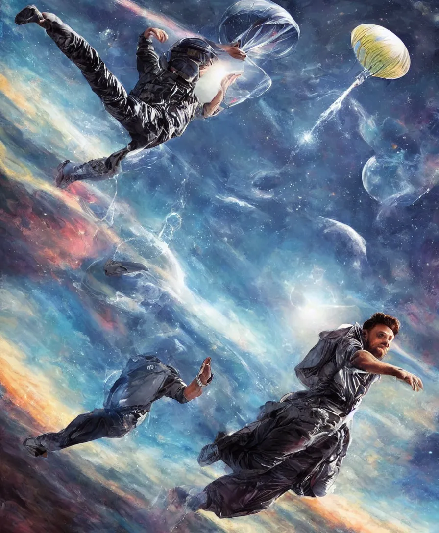 Prompt: hd art of future man traveling towards another galaxy with the help of parachute, highly detailed