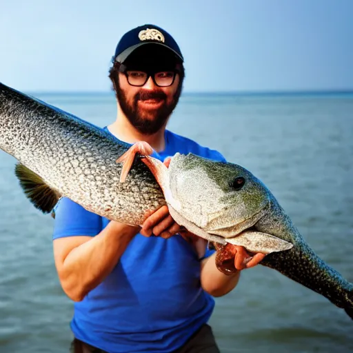 Image similar to A photo of a man holding the world's longest fish, realistic, ultra high detail, 8k.