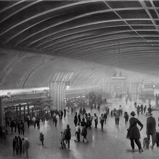 Image similar to a black and white photo of people in a train station, photograph by hal morey, a matte painting by hugh ferriss, featured on cg society, light and space, volumetric lighting, matte drawing, global illumination