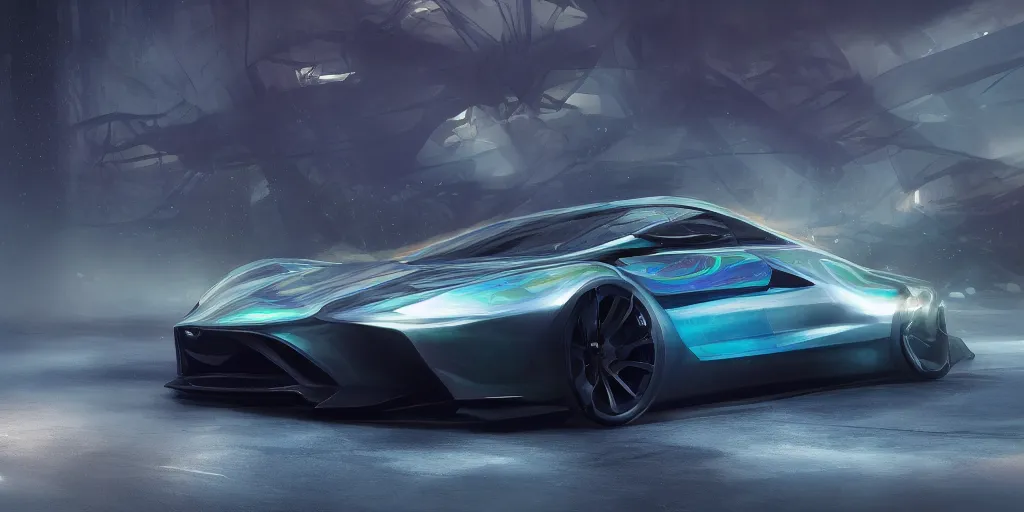 Image similar to a custom-built sport car, painted in dark color holographic pearlescent, elegant, digital painting, concept art, smooth, sharp focus, art style from Wang Ke and Greg Rutkowski and Bruce Kaiser and Scott Robertson and Dmitry Mazurkevich and Doruk Erdem and Jon Sibal