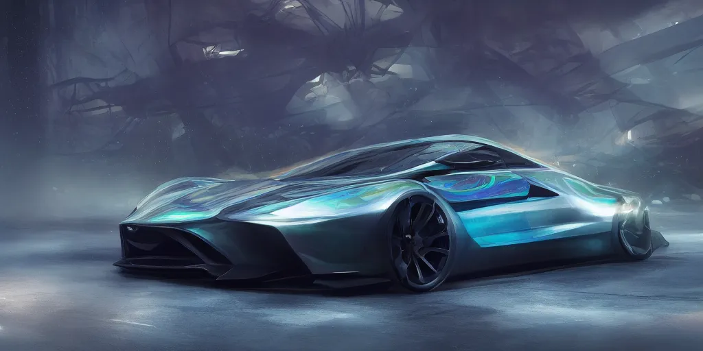 Prompt: a custom-built sport car, painted in dark color holographic pearlescent, elegant, digital painting, concept art, smooth, sharp focus, art style from Wang Ke and Greg Rutkowski and Bruce Kaiser and Scott Robertson and Dmitry Mazurkevich and Doruk Erdem and Jon Sibal