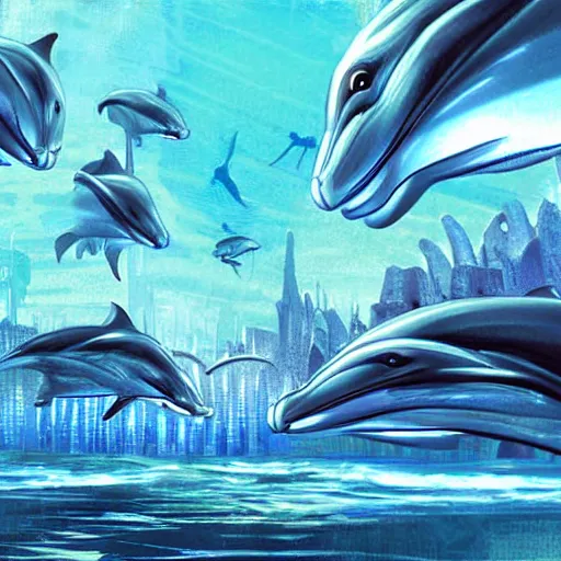 Image similar to an alien city of dolphins under the ocean, sci-fi digital art illustration,